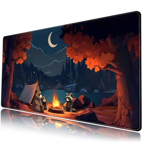 Schreibtischunterlage mit niedlichem Wald, großes Lofi, Camping, Outdoor, Schreibtischunterlage, Gaming-Mauspad, XXL, Cartoon, Anime, Natur, ästhetisch, erweitertes Computer-Laptop-Tastatur-Mauspad, von Mechanical Cattle