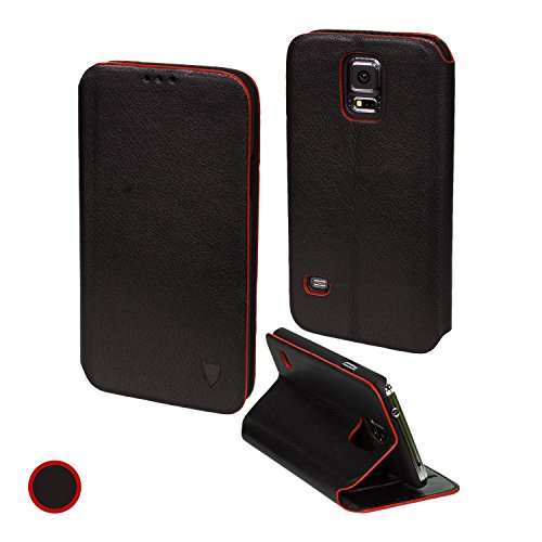 MediaDevil Lederhülle für Samsung Galaxy S5 Mini (Schwarz/Rot) - Hülle im Notebook-/Brieftaschenstil mit integriertem Stand und Visitenkartenfächern von MediaDevil