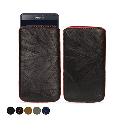 MediaDevil Samsung Galaxy Note 4 Lederhülle (Schwarz mit roten Nähten) - Artisanpouch Hülle aus echtem europäischen Leder mit Ausziehlasche von MediaDevil