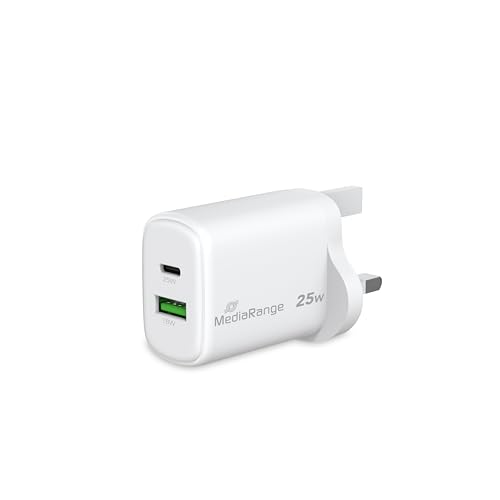 MediaRange 25W GaN Schnellladeadapter (UK-Stecker), 1x USB-C und 1x USB-A, unterstützt USB-C® Power Delivery und Quick Charge™, Weiß von MediaRange