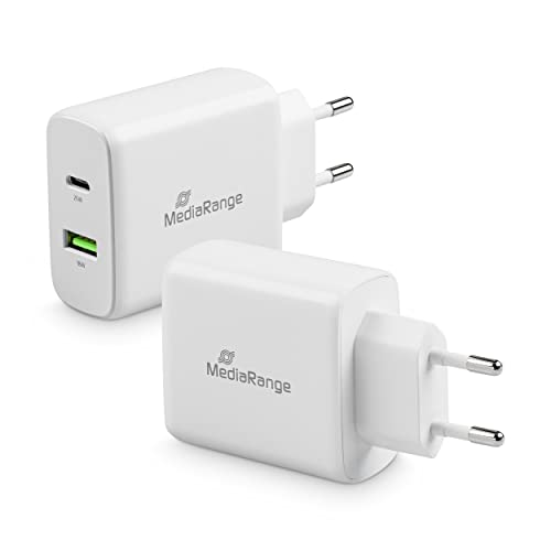 MediaRange 43W USB-A und USB-C Ladeadapter mit Schnellladefunktion, USB-A und USB-C Ausgang, kompatibel mit iPhone 13, 12, iPad Pro, AirPods Pro, Galaxy, S22, S21 von MediaRange