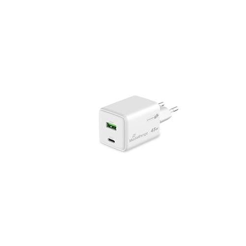 MediaRange 45W GaN Schnellladeadapter (EU-Stecker), 1x USB-C und 1x USB-A, unterstützt USB-C® Power Delivery und Quick Charge™, Weiß von MediaRange