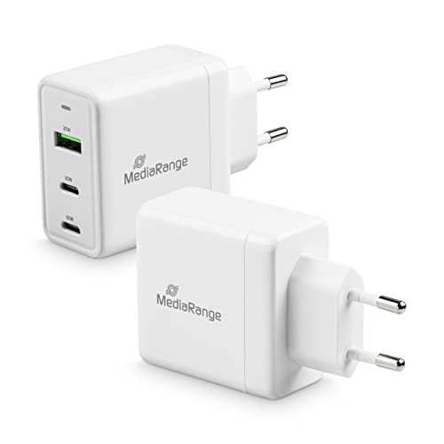 MediaRange 65W GaN Ladeadapter - 3-Port Steckdosen-Ladeadapter mit Schnellladefunktion, 1x USB-A und 2X USB-C Ausgang, kompatibel mit iPhone 13, 12, iPad Pro, AirPods Pro, Galaxy, S22, S21 von MediaRange