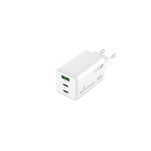 MediaRange 65W GaN Schnellladeadapter (EU-Stecker), 2X USB-C und 1x USB-A, unterstützt USB-C® Power Delivery und Quick Charge™, Weiß von MediaRange