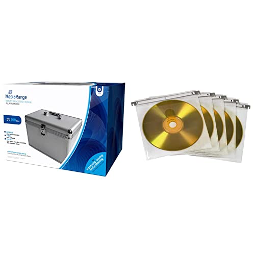MediaRange Archivierungskoffer für 200 Discs, Aluminium-Optik, silber, 18cm & Hama CD Doppel-Schutzhüllen (für 100 CDs/DVDs/Blu-rays, zur Befestigung in Hängeregistern) 50er-Pack, weiß von MediaRange