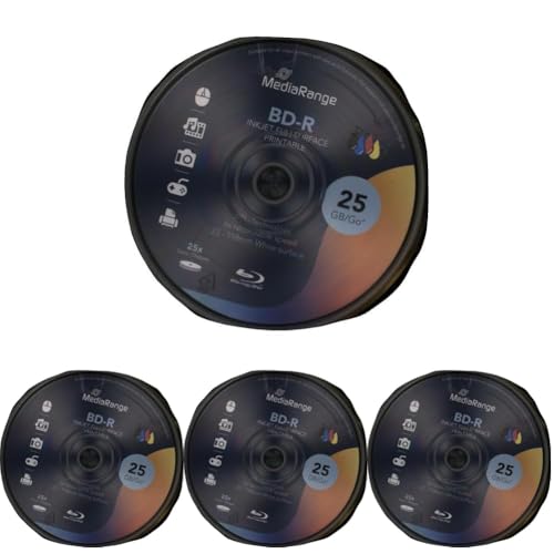 MediaRange BD-R 25GB 6-Fache Schreibgeschwindigkeit, Vollflächig bedruckbar, 25er Cakebox (Packung mit 4) von MediaRange