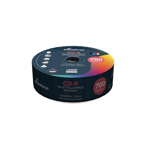 MediaRange CD-R 700MB|80min 52-fache Schreibgeschwindigkeit, vollflächig bedruckbar (Tintenstrahldrucker), 25er Cakebox von MediaRange