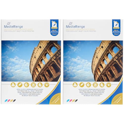 MediaRange DIN A4 Fotopapier für Tintenstrahldrucker, hochglänzend, 135g, 100 Blatt (Packung mit 2) von MediaRange