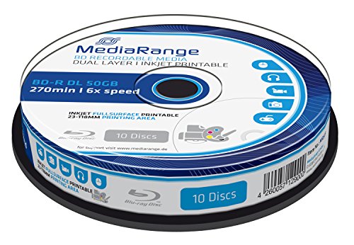 MediaRange MR509 BD-R Dual Layer 50GB 6-fache Schreibgeschwindigkeit, vollflächig bedruckbar, 10er Cakebox von MediaRange
