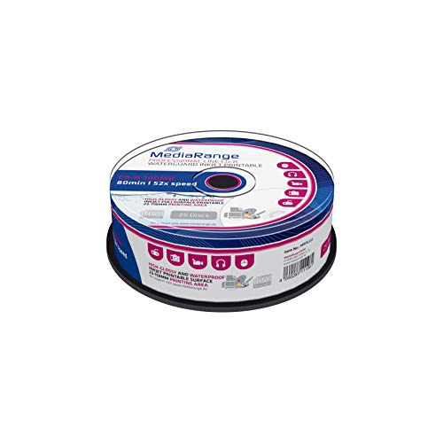 MediaRange MRPL512 Rohlinge und Speichermedien CD-R 700MB/80min 52x Speed, Inkjet fullsurface Printable, Waterguard high-Glossy, Cake 25 von MediaRange