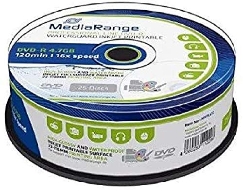 MediaRange MRPL612 Rohlinge und Speichermedien DVD-R 4, 7GB/120min 16x Speed, Inkjet Fullsurface Printable, Waterguard, High-Glossy and Wide Sputtered, Cake 25 Weiß von MediaRange