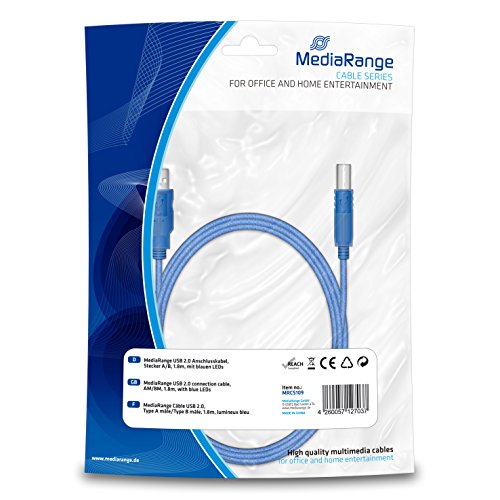 MediaRange USB 2.0 Anschlusskabel, Stecker A/B, 1.8m, mit blauen LEDs von MediaRange