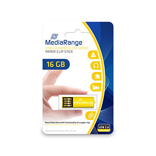 MediaRange USB 2.0 Speicherstick 16GB - Nano-Stick Mini USB Flash-Laufwerk mit Büroklammer Funktion, externe Speichererweiterung mit Lesegeschwindigkeit von bis zu 14 MB/s, Farbe Gelb von MediaRange