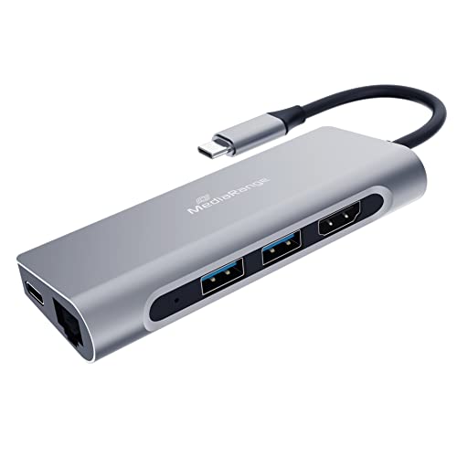 MediaRange USB C Hub, 7in1 Typ-C Multiport Adapter für bis zu 7 Endgeräten, mit USB 3.2 Gen, HDMI, RJ45 Buchse, SD/TF, USB-PD Type-C. bus-gespeist, Superspeed Übertragungsrate bis zu 5 Gbit/s von MediaRange