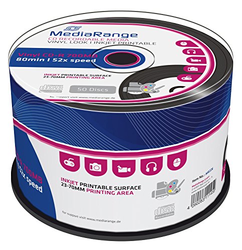 MediaRange Vinyl CD-R 700MB|80min 52-fache Schreibgeschwindigkeit, bedruckbar (Tintenstrahldrucker), schwarze Schreibseite, 50er Cakebox von MediaRange
