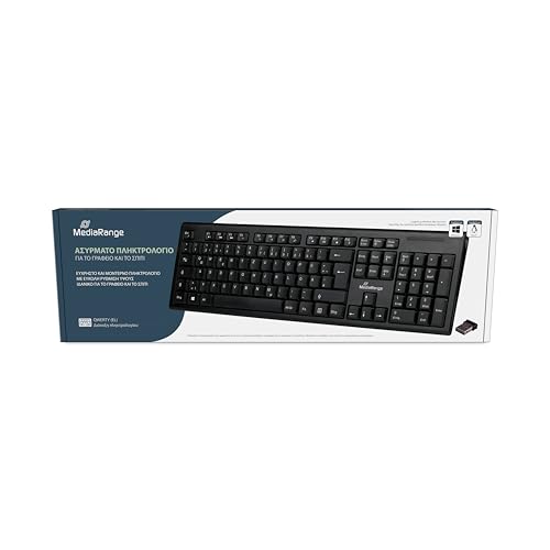 MediaRange kabellose Funk-Tastatur mit 105 Tasten, QWERTY (griechisch) Layout, PC Tastatur Set mit kabellosem USB 2.0 Nano-Empfänger, 10m Sendereichweite, spritzwassergeschützt & höhenverstellbar von MediaRange
