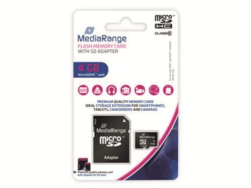 MediaRange micro SDHC Speicherkarte mit SD Adapter 4GB - Geschwindigkeit Klasse 10, Lesegeschwindigkeit bis 15 MB/s, externer Datenspeicher für mobile Endgeräte wie Digitalkameras oder Smartphones von MediaRange