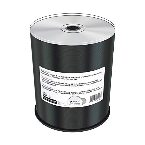 Professional Line CD-R 700Mb|80Min 52-fache Schreibgeschwindigkeit, vollflächig bedruckbar (Tintenstrahldrucker), Silber, voll Metallisiert, Silberne Schreibseite, 100er Cakebox von MediaRange