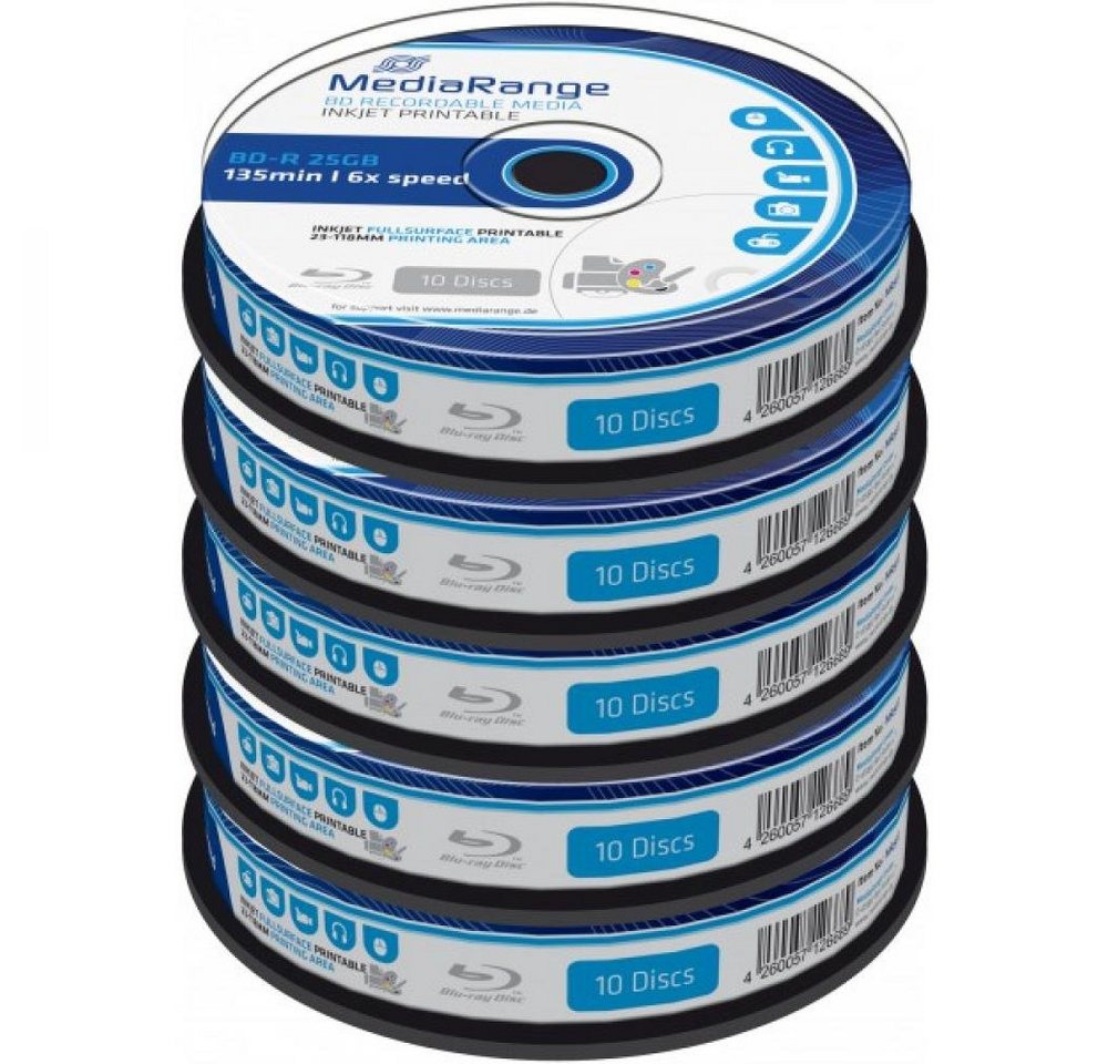 Mediarange Blu-ray-Rohling Blu-ray Disc Mediarange BD-R 25 GB, 6x Speed fullprintable in Cakebox von Mediarange