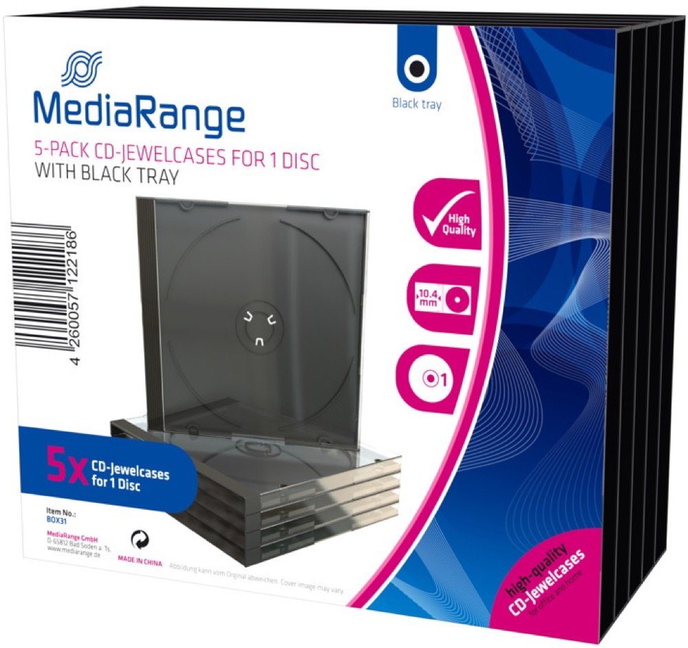 Mediarange CD-Hülle 100 CD Hüllen 1er Jewelcase 10,4 mm für je 1 BD / CD / DVD schwarz von Mediarange