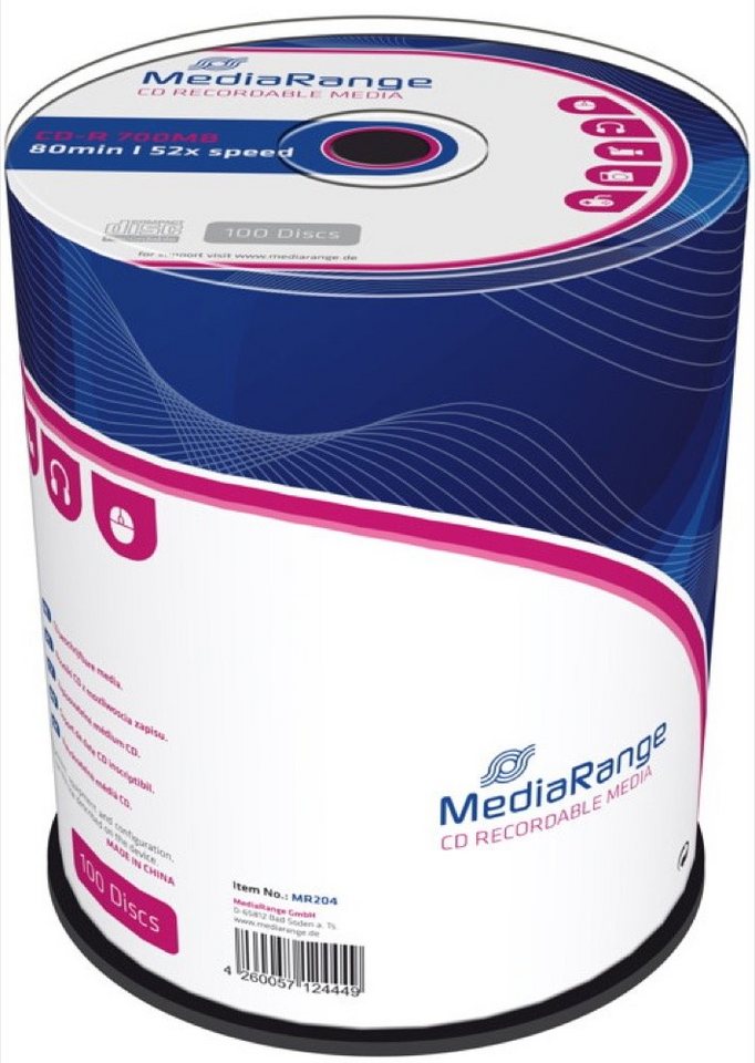 Mediarange CD-Rohling 100 Mediarange Rohlinge CD-R 80Min 700MB 52x Spindel von Mediarange