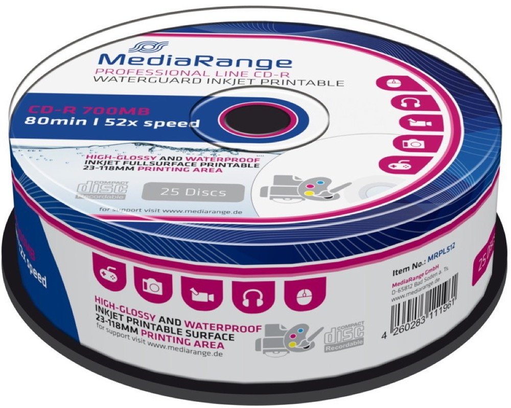 Mediarange CD-Rohling 25 full printable waterguard glossy 80Min 700MB 52x Spindel von Mediarange