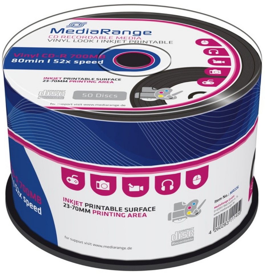 Mediarange CD-Rohling 50 CD-R printable vinyl black dye 80Min 700MB 52x Spindel von Mediarange