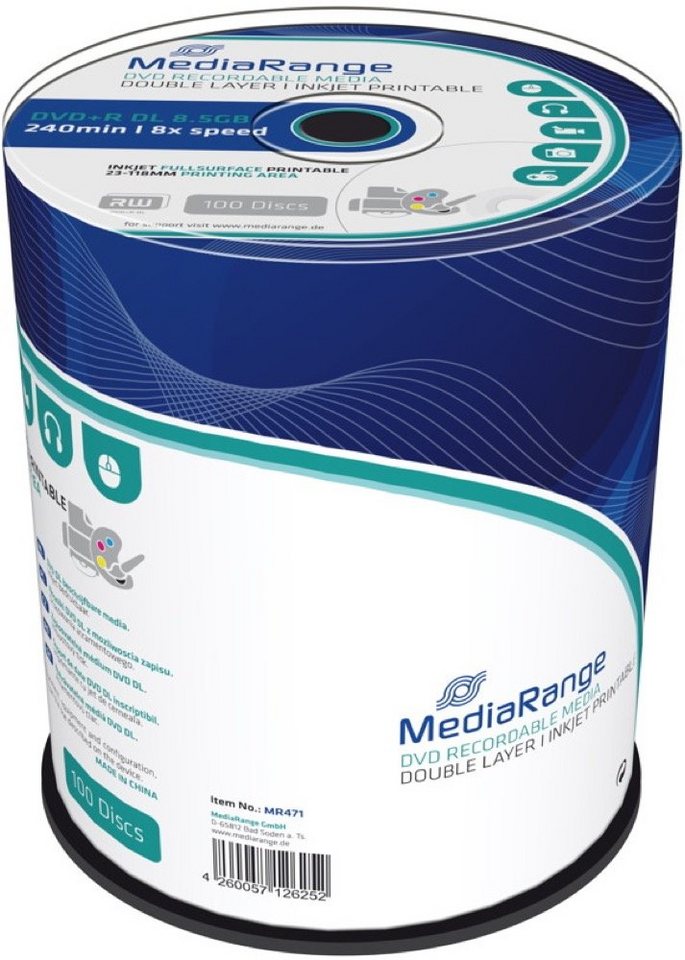 Mediarange DVD-Rohling 100 Rohlinge DVD+R Double Layer full printable 8,5GB 8x Spindel Mediarange DVD-Rohling 100 Rohlinge DVD+R Double Layer full printable 8,5GB 8x Spindel von Mediarange