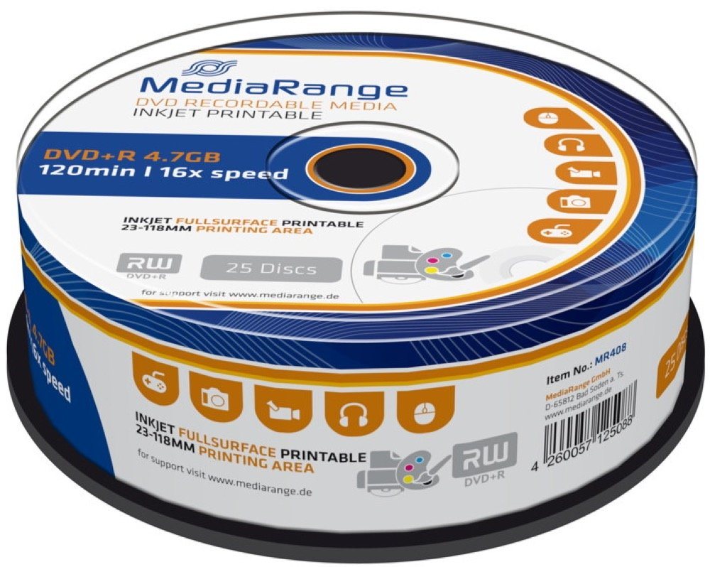 Mediarange DVD-Rohling 25 Mediarange Rohlinge DVD+R 4,7GB 16x Spindel von Mediarange