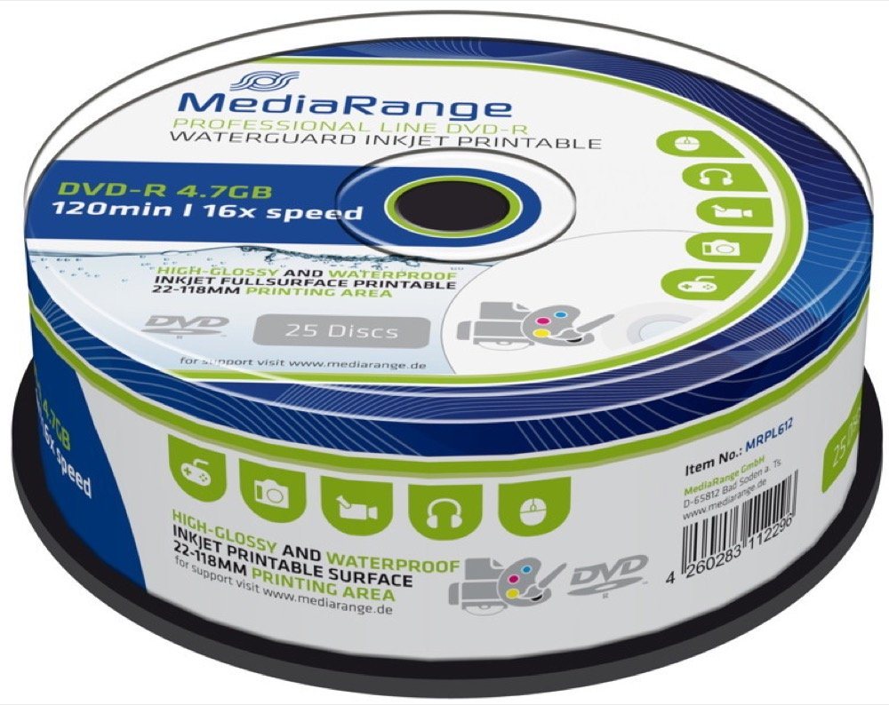 Mediarange DVD-Rohling 25 Rohlinge DVD-R full printable waterguard glossy 4,7GB 16x Spindel von Mediarange