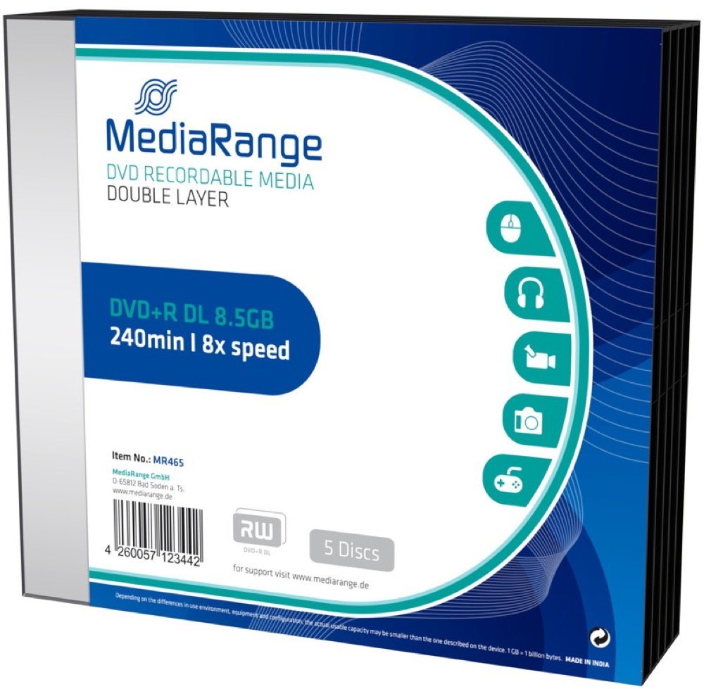 Mediarange DVD-Rohling 5 Mediarange Rohlinge DVD+R Double Layer 8,5GB 8x Slimcase von Mediarange