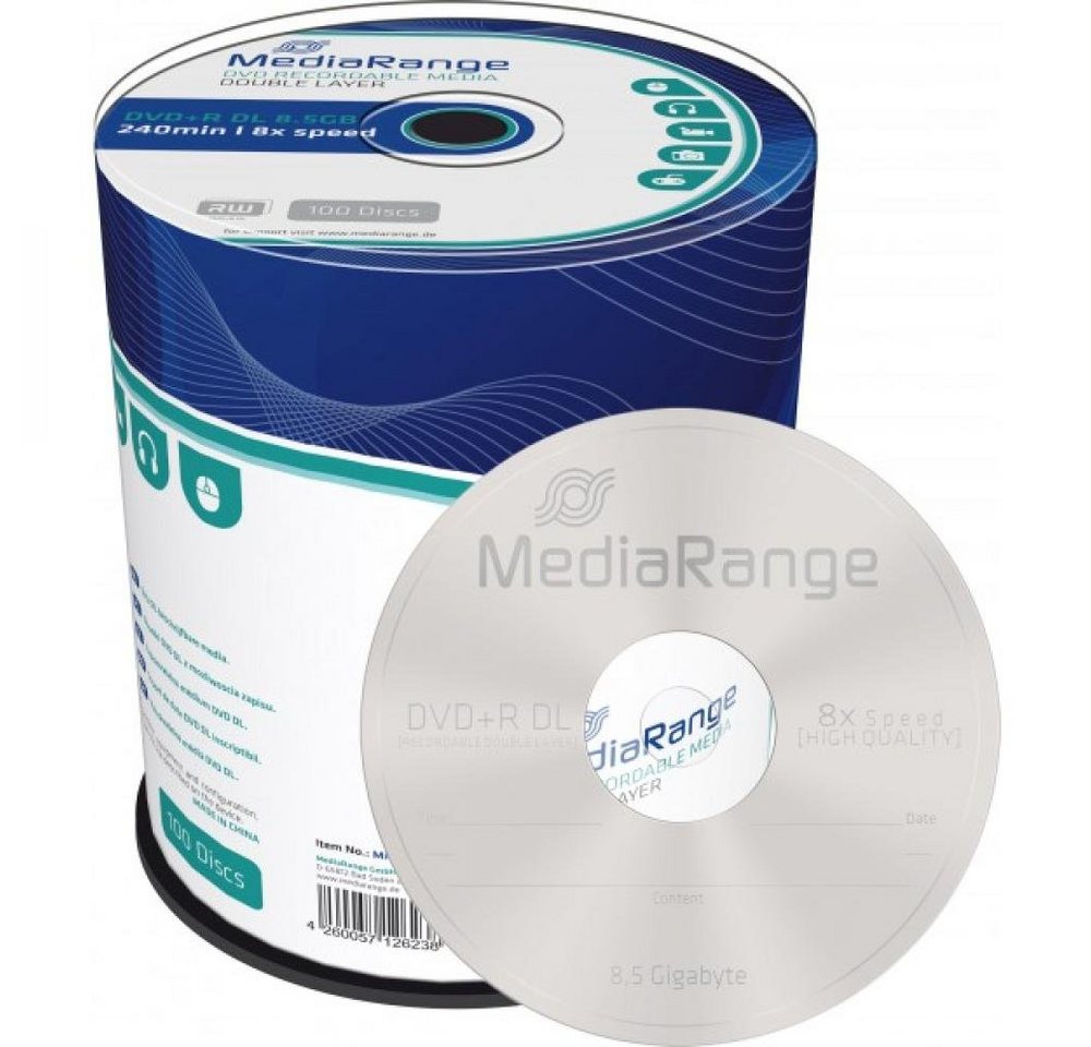 Mediarange DVD-Rohling DVD+R DL 8,5 GB MediaRange 8x Speed Double Layer in Cakebox 100 Stück von Mediarange