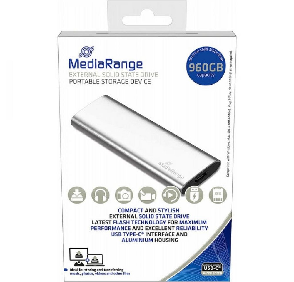 Mediarange MediaRange SSD Festplatte extern, 960 GB, USB 3.0 Type-C, Silber externe SSD von Mediarange