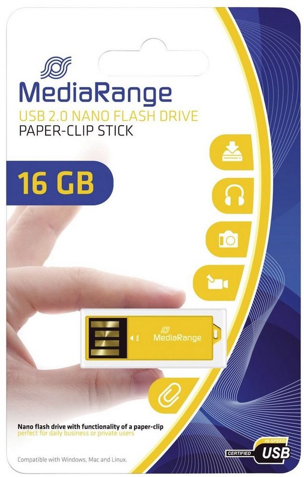 Mediarange MediaRange USB Nanostick 16GB m. Klammerfunktion gelb USB-Stick von Mediarange