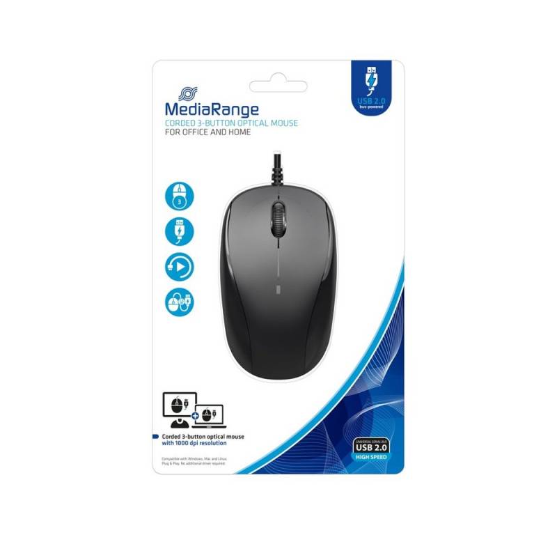 Mediarange Mediarange Maus optisch mit Kabel 3 Tasten 1000 dpi schwarz MROS213 Maus von Mediarange