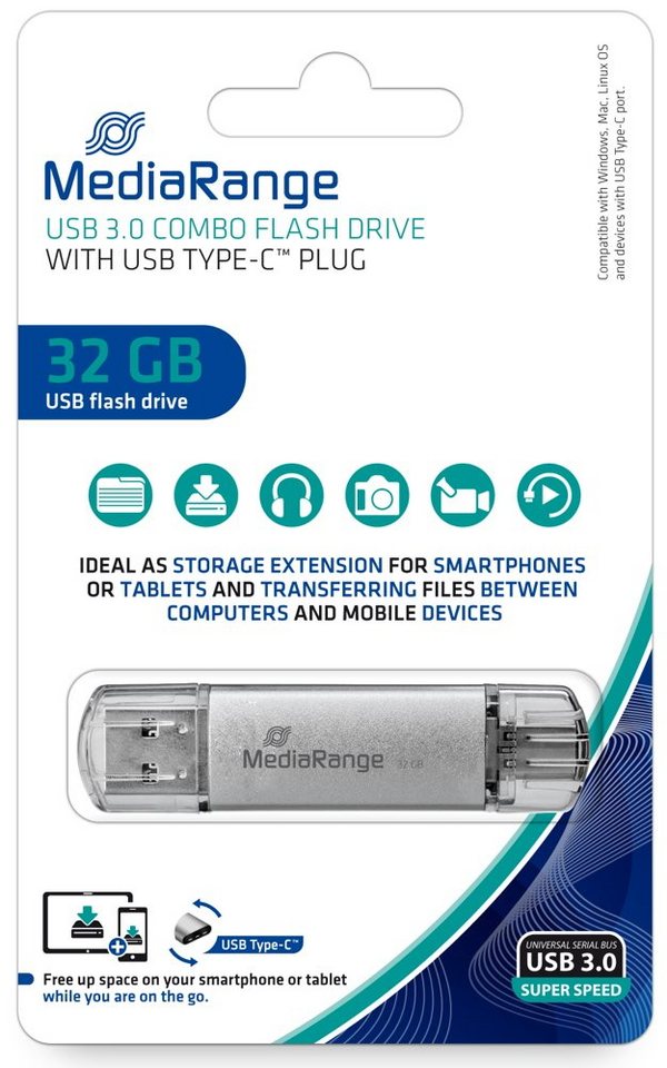 Mediarange Mediarange USB Stick 32GB Speicherstick Combo silber Typ C USB 3.0 USB-Stick Mediarange Mediarange USB Stick 32GB Speicherstick Combo silber Typ C USB 3.0 USB-Stick von Mediarange