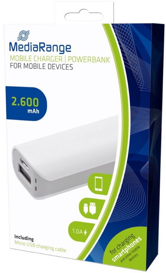 Mediarange mobile Ladestation 2600 mAh Ladegerät USB OUT weiß Powerbank von Mediarange