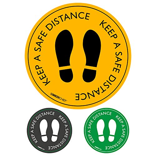 Medichief Selbstklebende Bodenaufkleber mit Aufschrift "Keep A Safe Distance" | Packung mit 5 gelben Gefahrenwarnaufklebern für soziale Distanzierung | langlebige Boden-Warnaufkleber mit von Medichief