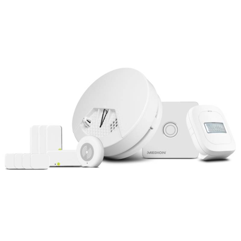 MEDION P85754 Smart Home Starter Set [Gateway, Zwischenstecker, 4x Tür-/Fensterkontakt, Rauchmelder, Bewegungsmelder, Erschütterungssensor] von Medion