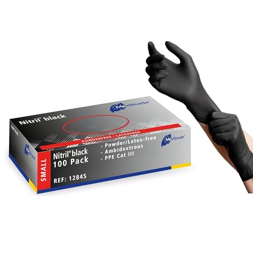 Meditrade Nitril® Schwarze Untersuchungshandschuhe aus Nitril – Puderfrei, latexfrei, vielseitig einsetzbare Schutzhandschuhe für Untersuchungen – Größe S – Schwarz – 100 Stück von Meditrade