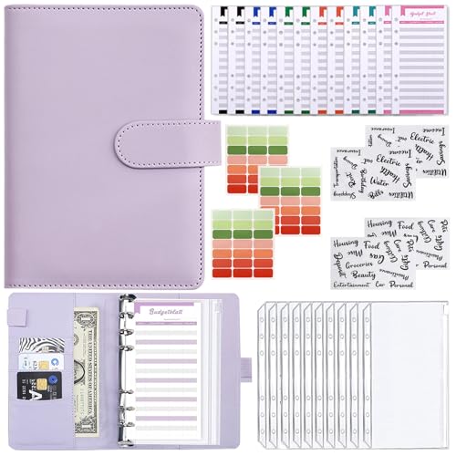 Meekye A6 Budget Planner Binder, Geld Organizer mit 10 Binder Taschen a6, 12 Budgetblätter, 4 Aufkleber, 3 Etikettenaufklebern Budget Binder mit Geldfacher Sparbuch für Tagebuch und Geschenk Lila von Meekye