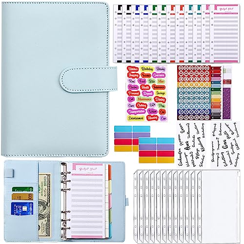 Meekye Budget Planner A6 Binder Deutsch oder Englisch, Geld Organizer Budget Planer mit 12 Binder Taschen, 12 Budgetblätter Deutsch, Geldumschläge für Reisen Tagebuch und Geschenk Blau von Meekye