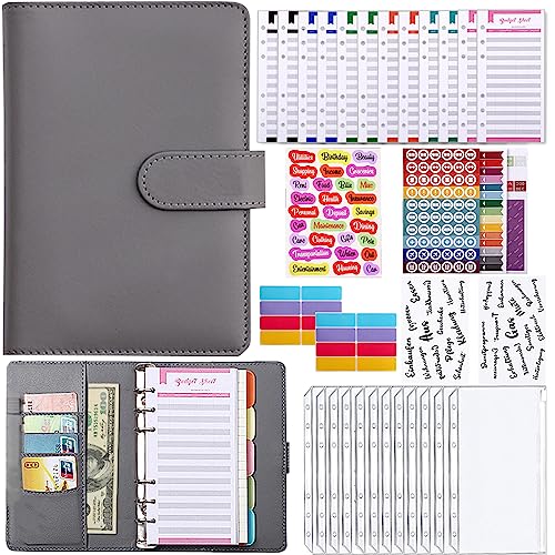 Meekye Budget Planner A6 Binder Deutsch oder Englisch, Geld Organizer Budget Planer mit 12 Binder Taschen, 12 Budgetblätter Deutsch, Geldumschläge für Reisen Tagebuch und Geschenk Grau von Meekye