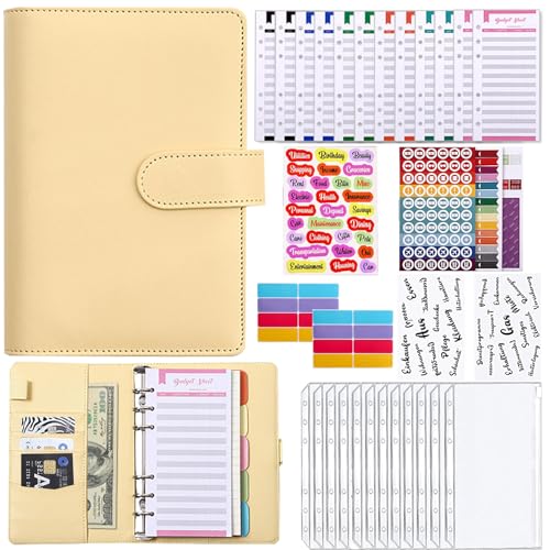 Meekye Budget Planner Deutsch oder Englisch A6 Binder, Geld Organizer Budget Planer mit 12 Binder Taschen, 12 Budgetblätter Deutsch, Geldumschläge für Reisen Tagebuch und Geschenk Gelb von Meekye