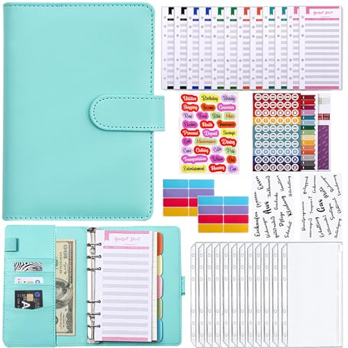 Meekye Budget Planner Deutsch oder Englisch A6 Binder, Geld Organizer Budget Planer mit 12 Binder Taschen, 12 Budgetblätter Deutsch, Geldumschläge für Reisen Tagebuch und Geschenk Grün von Meekye