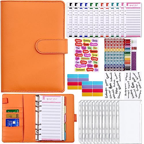 Meekye Budget Planner Deutsch oder Englisch A6 Binder, Geld Organizer Budget Planer mit 12 Binder Taschen, 12 Budgetblätter Deutsch, Geldumschläge für Reisen Tagebuch und Geschenk Orange von Meekye