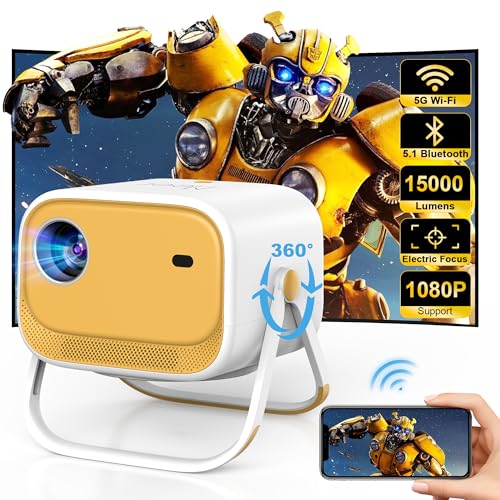 [360° verstellbarer Ständer] Mini-Projektor mit WLAN und Bluetooth, MEER 1080P tragbarer 15000L Filmprojektor, Auto-Keystone & elektrischer Fokus, Outdoor-Heimkino, Video-Proyektor für von Meer