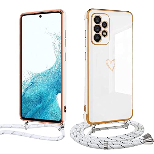 Handyhülle mit Band für Samsung Galaxy A52 4G / 5G / A52S 5G, Handykette Weich TPU Silikon Schutzhülle Kameraschutz Kratzfest Stoßfest Dünn Case Cover, Electroplated Cute Herz Mädchen Hülle,weiß von Meeter