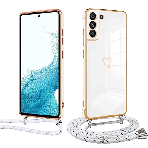 Handyhülle mit Band für Samsung Galaxy A54, Handykette Weich TPU Silikon Schutzhülle Kameraschutz Kratzfest Stoßfest Dünn Case Cover, Electroplated Cute Herz Mädchen Hülle,weiß von Meeter