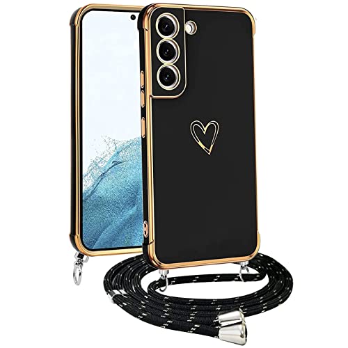 Handyhülle mit Band für Samsung Galaxy S21 FE, Handykette Weich TPU Silikon Schutzhülle Kameraschutz Kratzfest Stoßfest Dünn Case Cover, Electroplated Cute Herz Mädchen Hülle,schwarz von Meeter